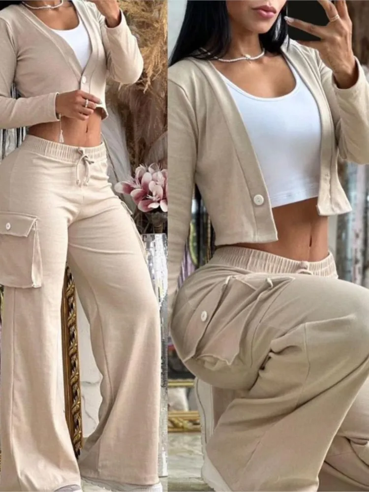 Women\'s Fashion Solid Two Piece Sets Spring Autumn Deep V-neck Button Long Sleeve Navel Exposed Top & Wide Leg Pants Casual Set