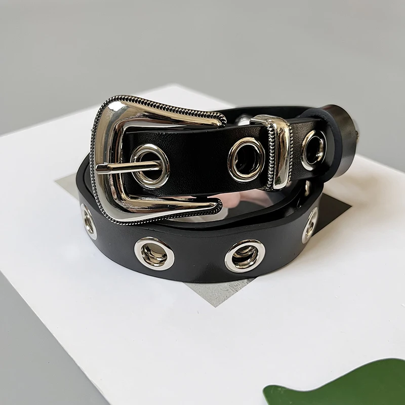 Women Embossed Hole Leather Cowboy Western Buckle Waistband Belt