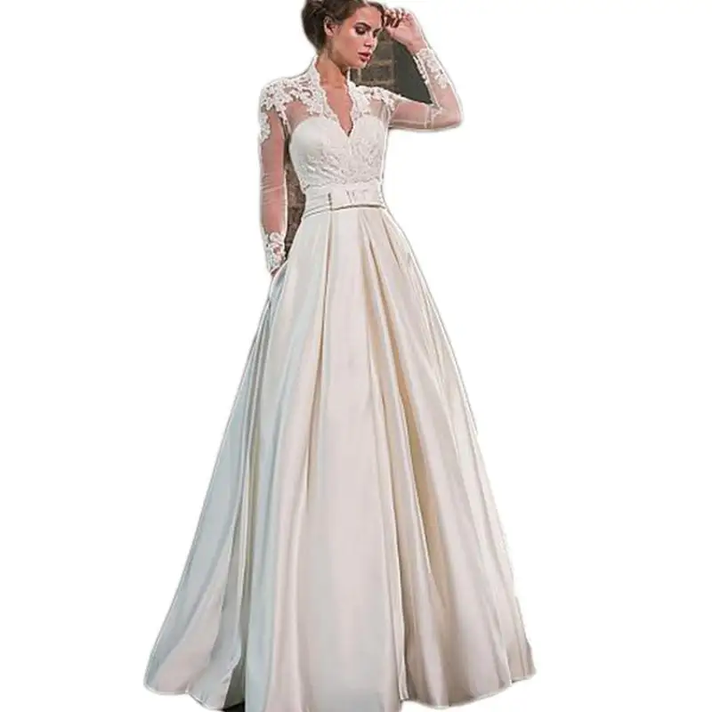 Neues Brautkleid aus Satin mit tiefem V-Ausschnitt, langen Ärmeln und Spitze für einen schmalen Look, A-Linien-Kleid, flacher Stil, individuell anpassbar