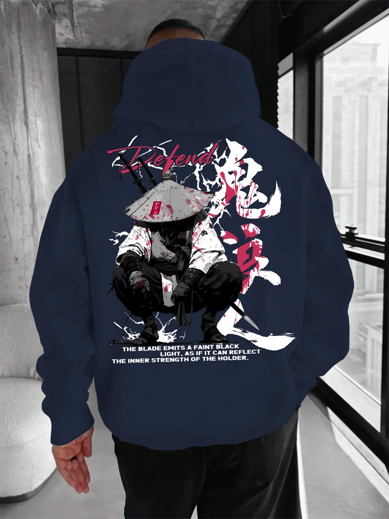 Men Japanese Samurai Graphic Hoodie Ukiyoe Ink Art Oversized Harajuku Streetwear Pullover Sweatshirt Vintage Casual Hooded Top