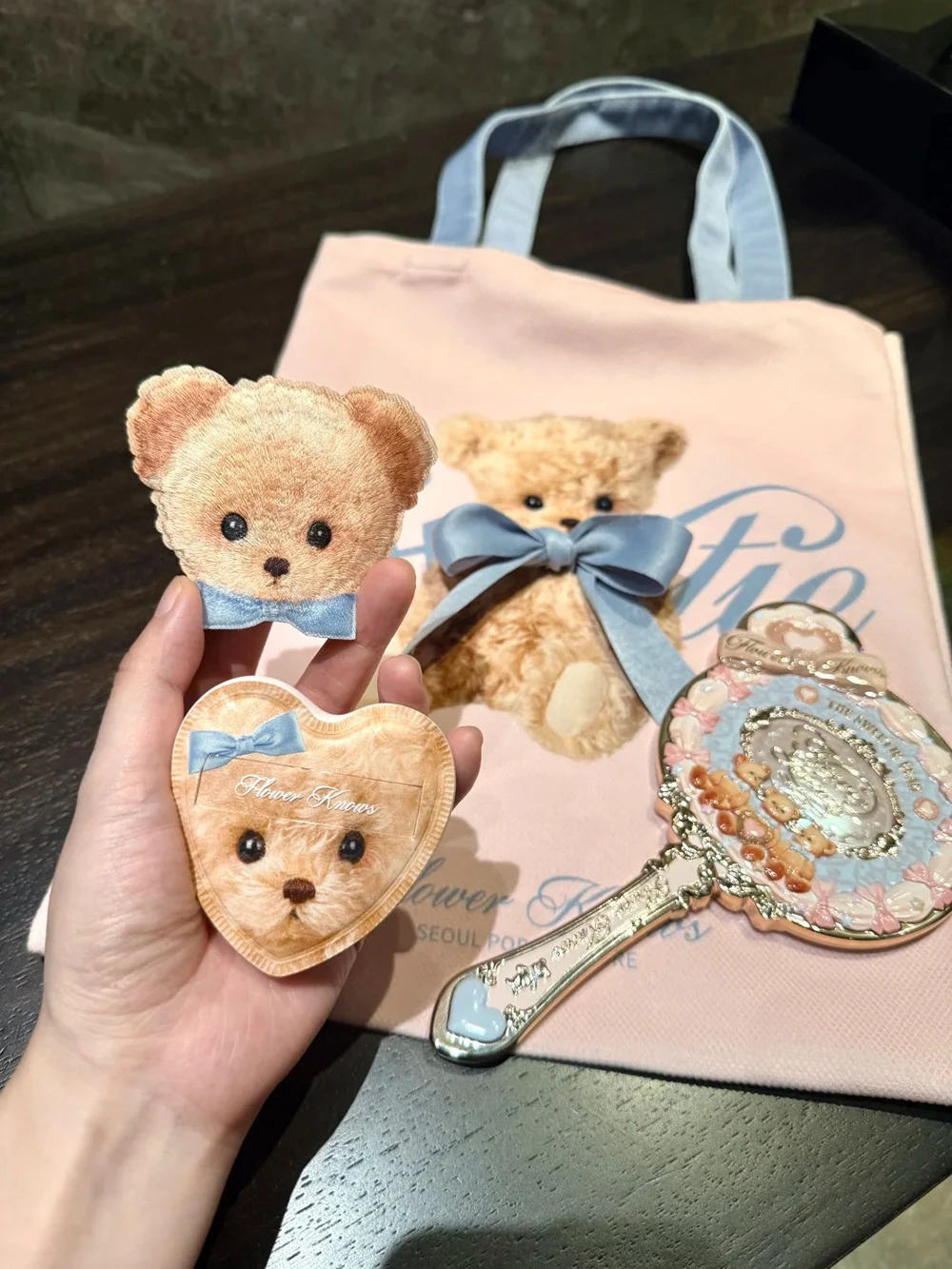 Flower Knows Limited Edition Hand Mirror with Powder Puff and Canvas Tote Bag Pastel Pink Blue Aesthetic Makeup