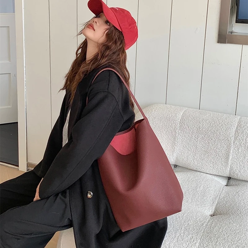 Donna-in Women Genuine Leather Tote Bag Natural Cow Bucket Shoulder Plus Size Full Grained Wine Red