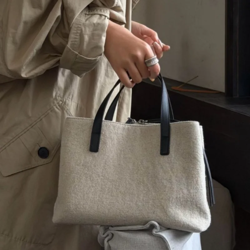 Suede Canvas Color-block Tote Bag,lightweight Multi-compartment Large Capacity Handbag,leisure Simple Retro Zipper Shoulder Bag