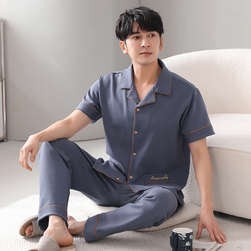 Newest Summer Big Size 4XL-7XL Men Pajamas Set Knited Cotton Turn-down Collar Short Sleeve Pyjamas Casual Sleepwear Sets