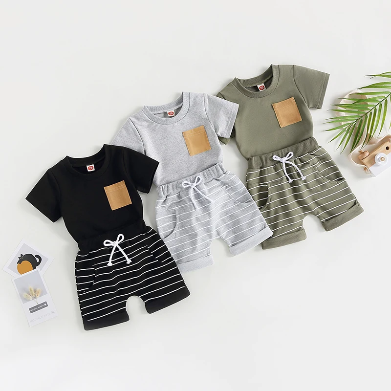 Newborn Sets Boys Casual Clothing Summer Soft Cotton T-shirts+Striped Elasctic Shorts Sets Kids Toddler Clothes