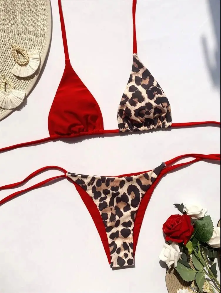 Bikini de leopardo con cuello Halter para mujer, traje de baño de dos piezas, conjunto de bañador, novedad de 2024