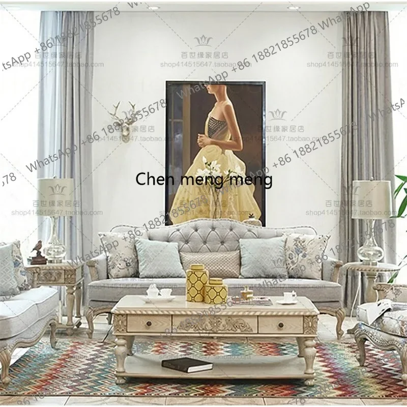 Y183 American country solid wood sofa living room double sofa retro carved sofa combination