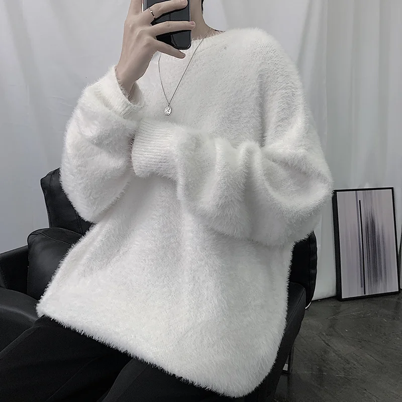 

Мужской вязаный свитер свободного кроя с круглым вырезом, зимний, модный, больших размеров, в стиле Hong Kong, молодежная одежда