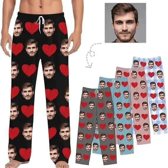 Custom Face Couples Matching Pajamas Long Pants Summer Sleep Pant Women Elastic Waistband Sleep Lounge Bottoms with Pockets