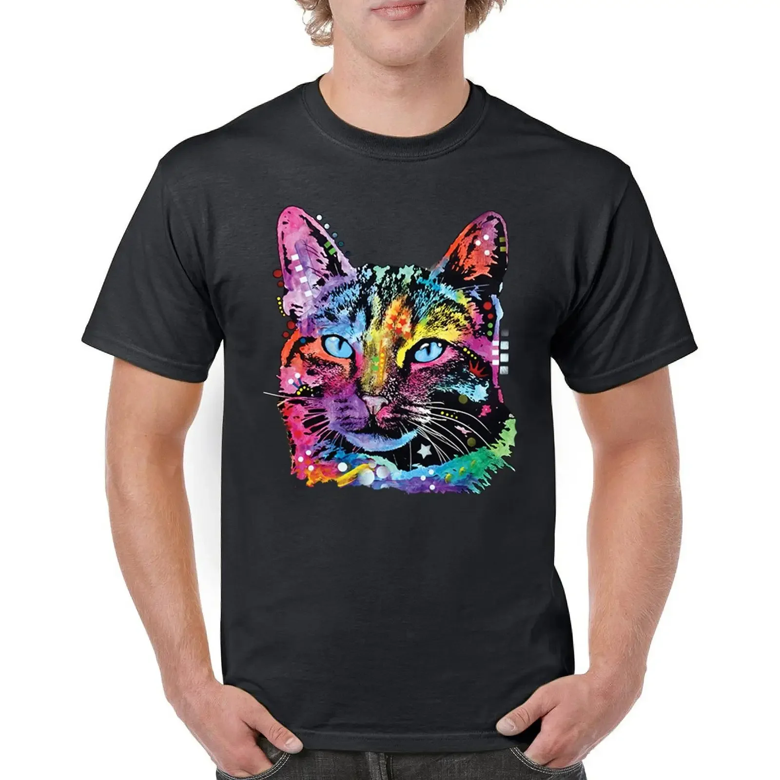 Dean Russo Thoughtful Cat T Shirt Colorful Pet Kitten Eyes Meow Men's vintage Washed fashion Top For Everyday Wear Soft