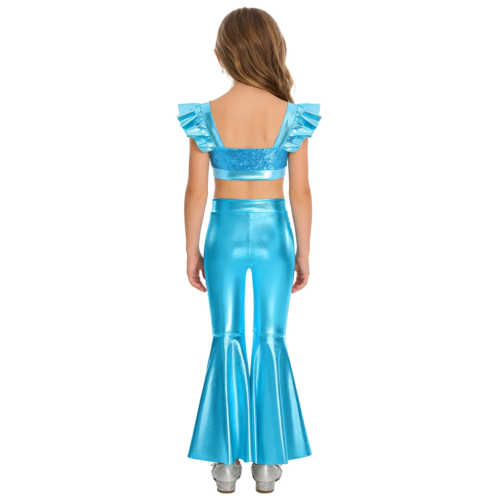 Kids Girls Sequins Pageant Outfit Ruffled Sleeves Metallic Crop Top with Split Bell-bottom Pants Jazz Dance Performance Clothes
