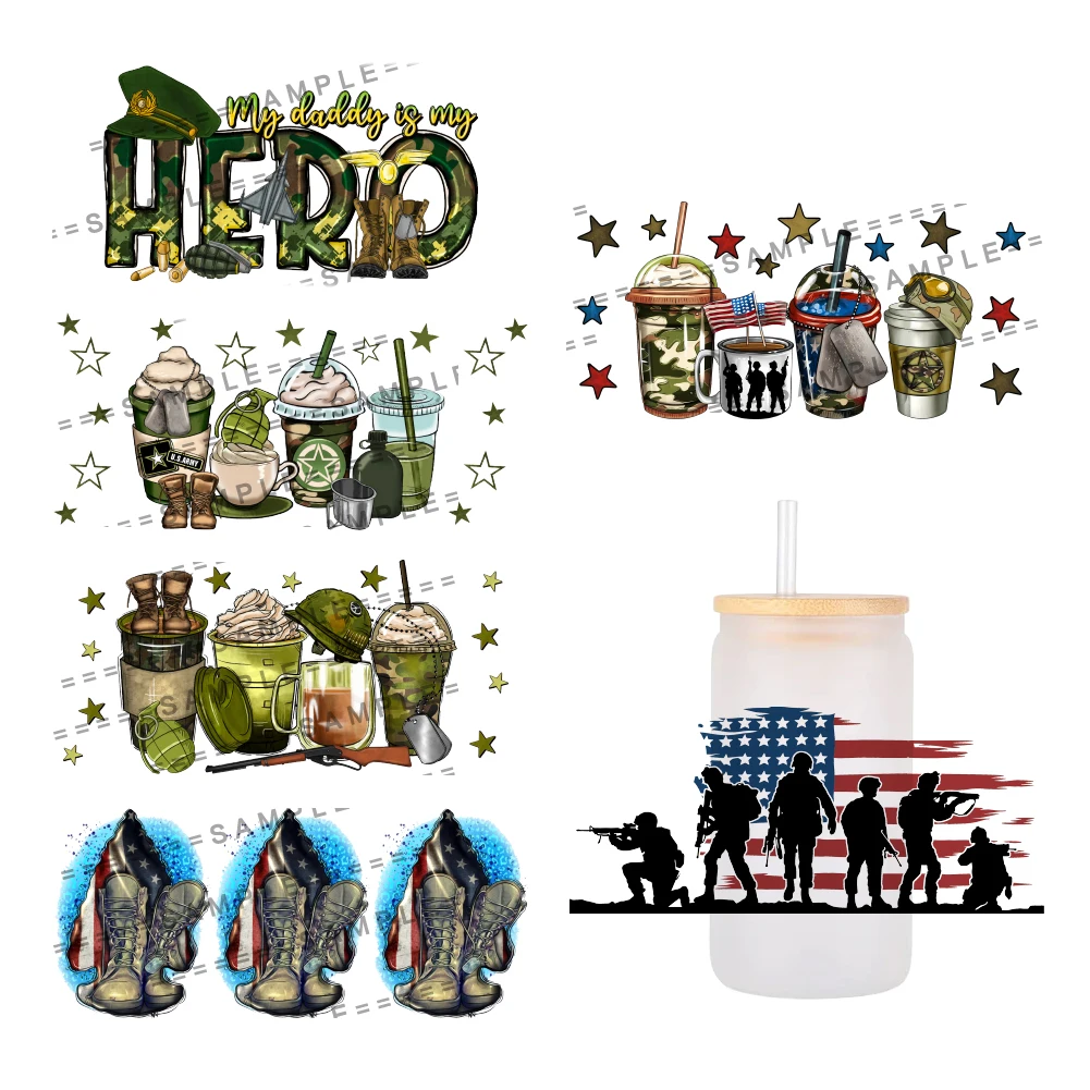 America patriotic soldier 3D UV DTF Wraps Transfer Sticker DIY For 16oz Libbey Glass Cup Waterproof Wrap Transfers Decals  Cup