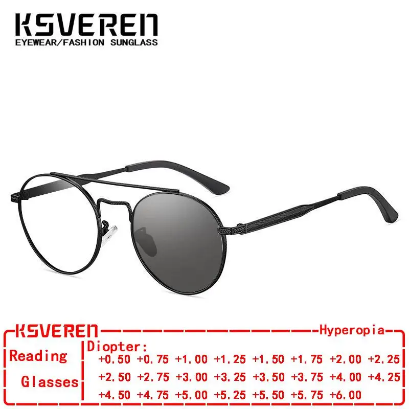 

KSVEREN Men Metal Circural Photochromic Reading Glasses Outdoor Presbyopic Eyeglasses Prescription Eyewear Optical Glasses Frame