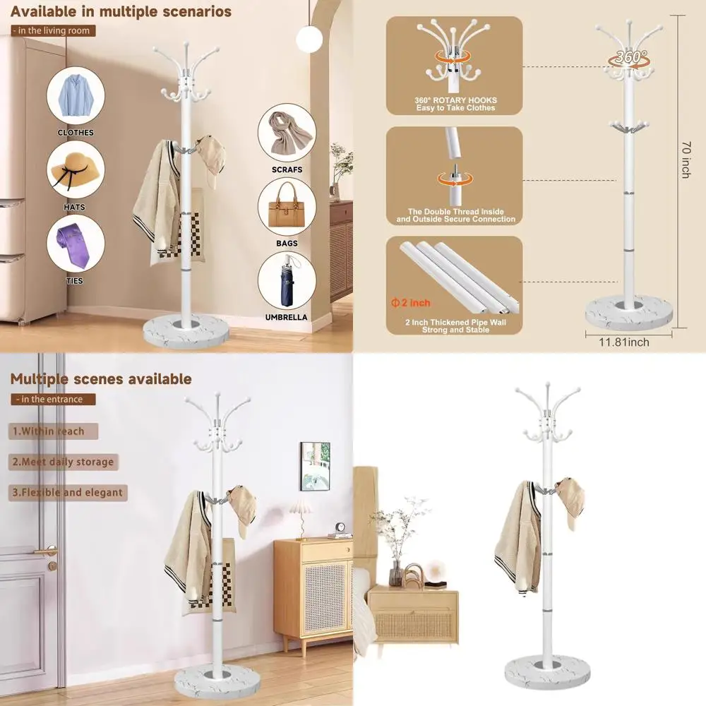 

Modern 360° Rotating Marble Base Coat Rack with 14 Hooks for Entryway and Office