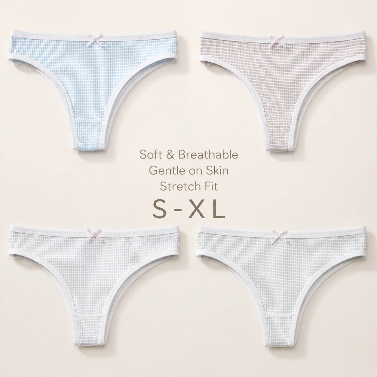 4PCS S-XL Women's Low Waist Briefs Plaid Textured Bow Decor Soft Stretchy Breathable Skin-Friendly Daily Ladies Underwear