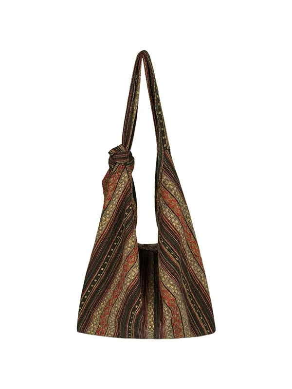 2026 New Retro Canvas Cashew Flower Stripe Pattern Design Large Capacity Portable Multi Functional Shoulder Bag For Women Trendy