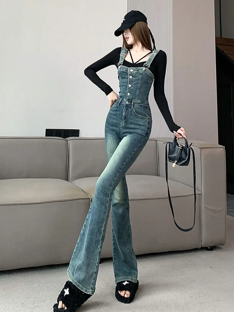 Slim Wide-Leg Flare Jeans Spaghetti Straps Single-breasted Denim Jumpsuit Fashionable High Street Autumn Women\'s Trousers