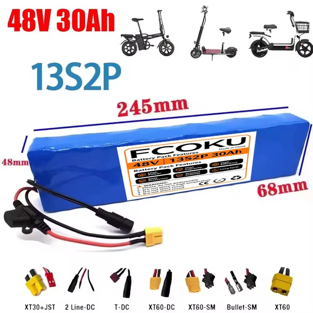 13S2P 48V 30Ah High‑Power 18650 Battery for E‑Motorcycle DIY Pack w/BMS +54.6V 2A Charger E‑Bike Scooter Replacement Power Supp
