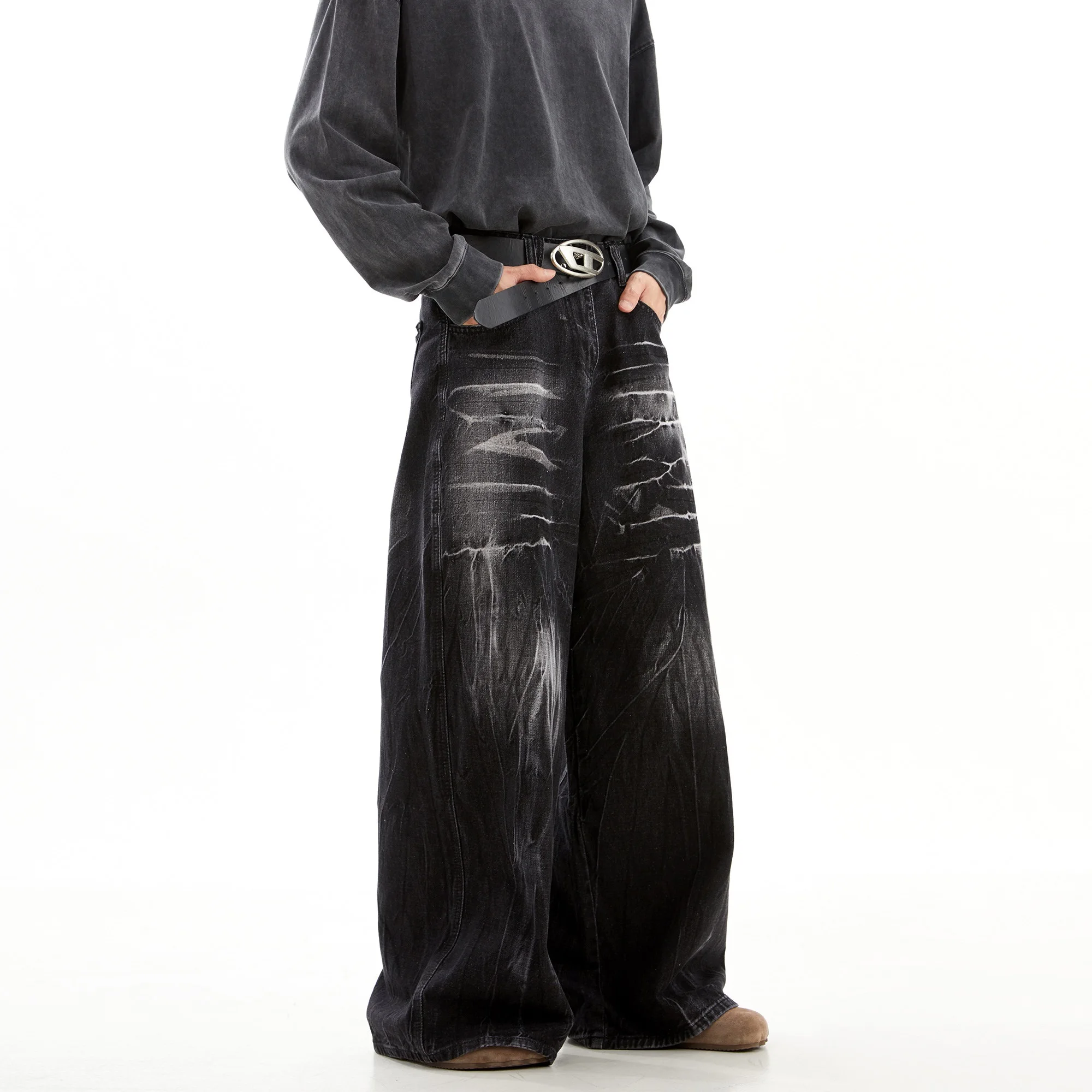 

Свободные прямые черные джинсы для мужчин в стиле ретро, с принтом в виде молнии, в стиле хип-хоп, длинные брюки, повседневные, молодежные, трендовые, осенние