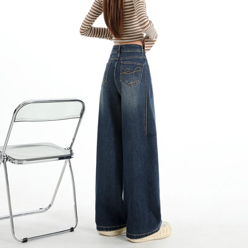 

2026Spring new embroidered vintage high-waisted loose curved hem wide-leg straight floor-length jeans for women