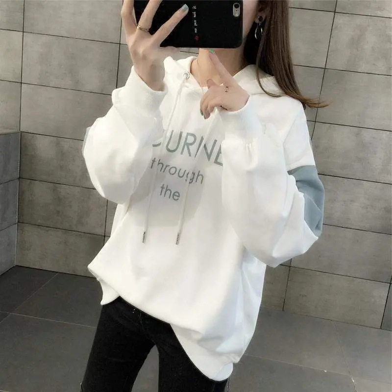 2024 Spring and Autumn New Women\'s Hooded Sweater Women\'s Fashion Trendy Hoodie Loose Slimming Stitching Casual Pullover