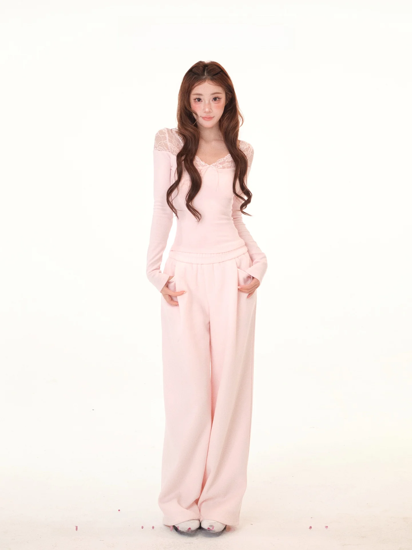 

Autumn Winter Thiened Version Lace Patchwork Fce Lined Wide Leg Sweatpants Set Girls Long Sve V Ne Base irt