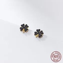 Silver 925 Earrings For Women Clover 925 Silver Earrings For Girls Stud Earrings For Women Irregular Black Zircon Daily Lucky