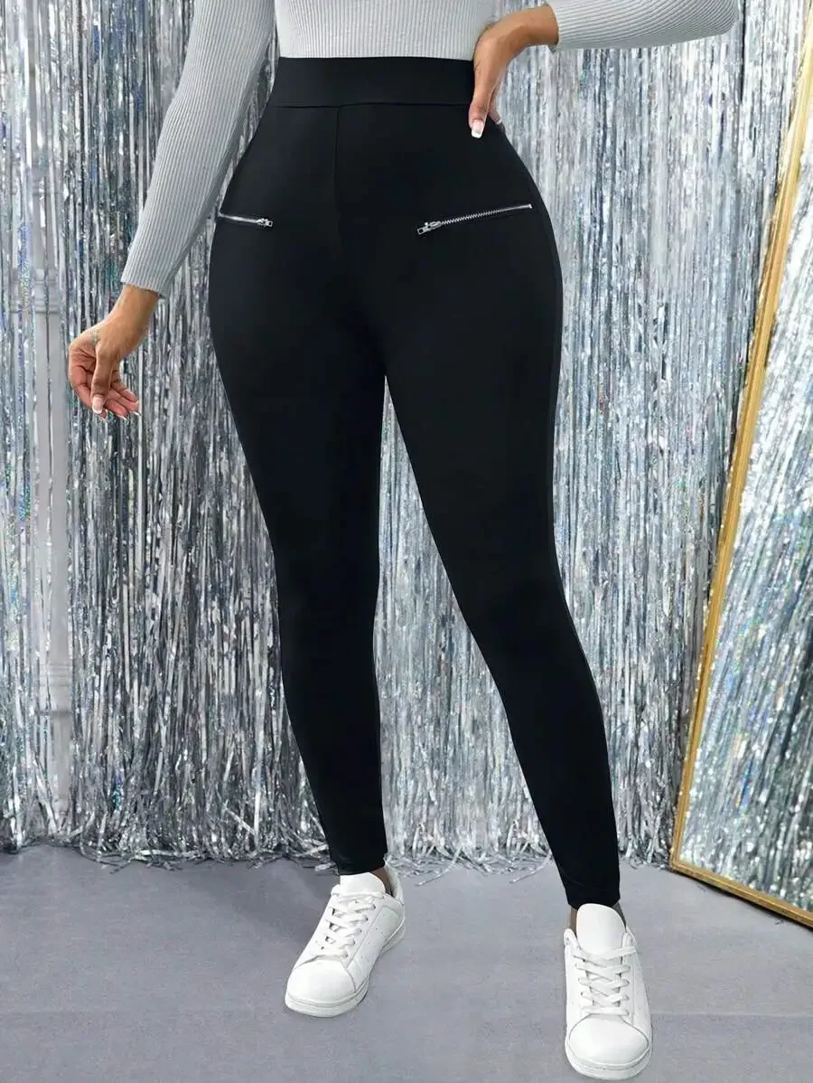 Womens Autumn Knit Black Leggings with Zipper
