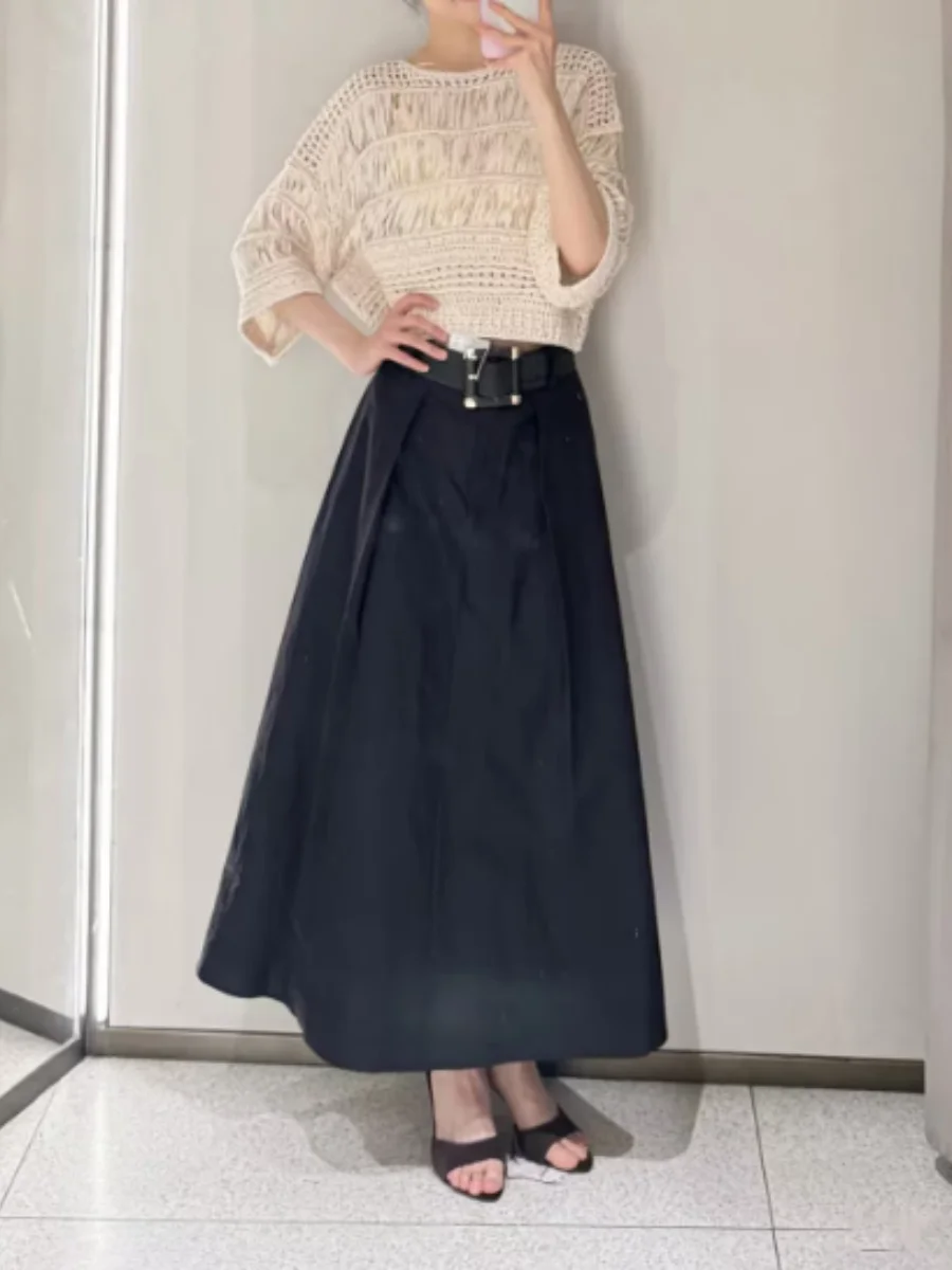 Commuter style, versatile black, high-waisted, with belt layered decoration, A-line hem skirt, 2026 summer new style
