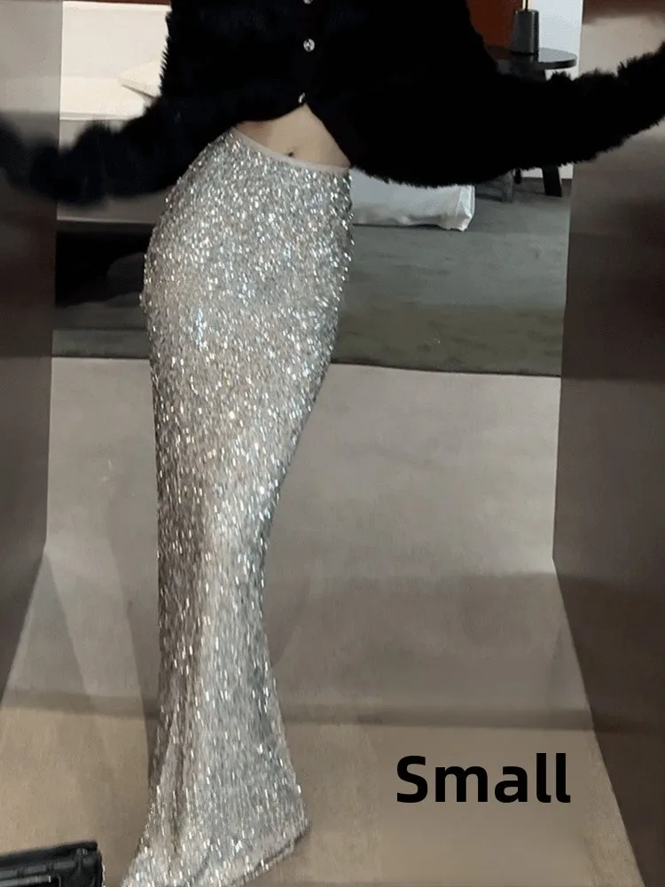 

iny Silver Sequin High Waist Skirt Women's Early Autumn Small Size High-End Feeling Elegance Fi Tail Bodycon Skirt
