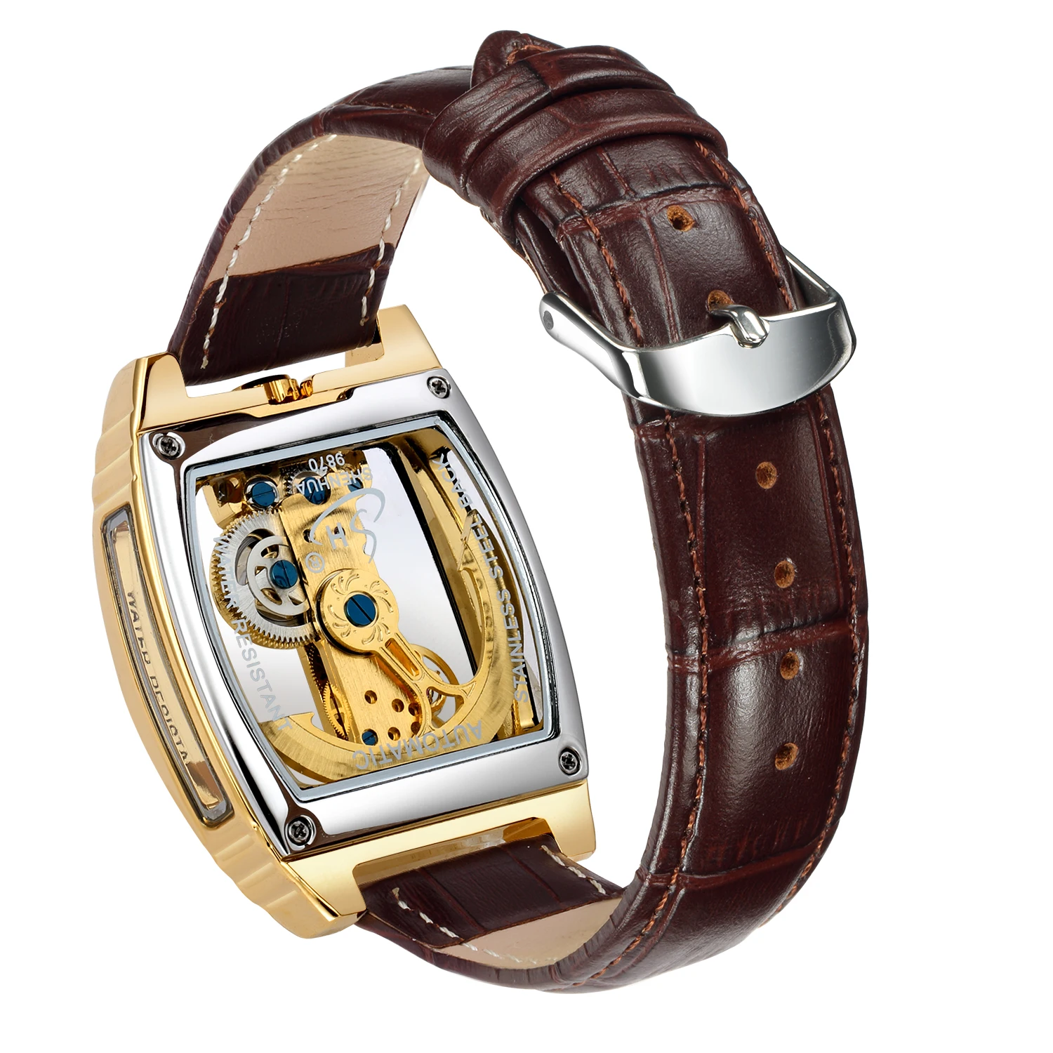 Reloj mecánico automático transparente para hombre, pulsera de cuero de cuerda automática con esqueleto Steampunk, engranaje de lujo