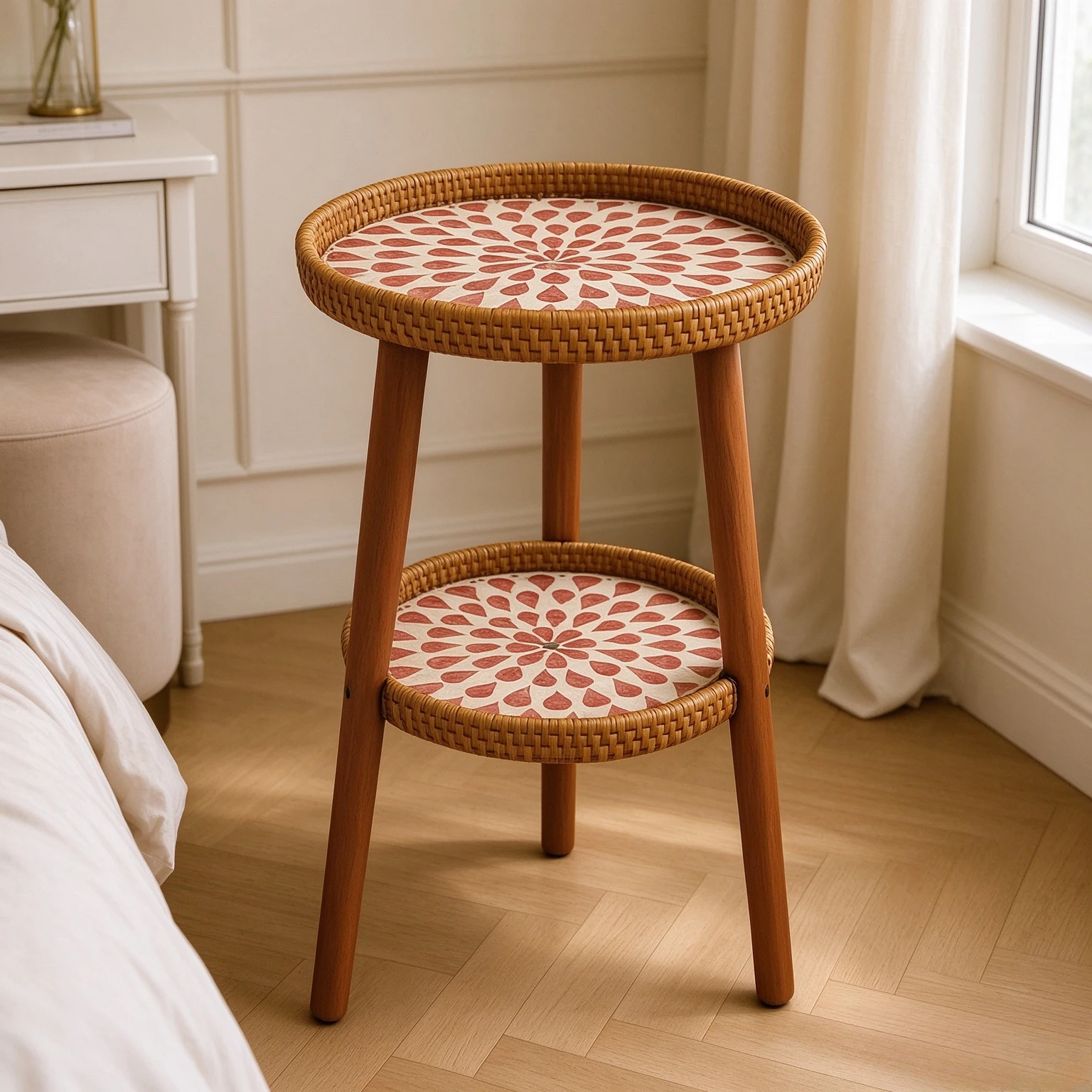 Scandinavian Handmade Rattan Two Tier Side Table, Colorful Fish Mosaic Round End Table for Living Room, Bedroom and Sofa Area