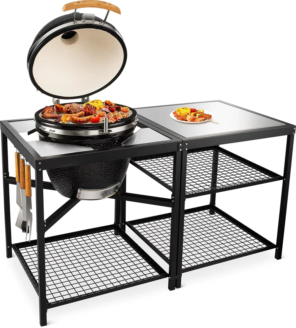 BBQ Grill Charcoal Smoker with Table Outdoor Kitchen Garden Ceramic Barbecue Kamado Grill