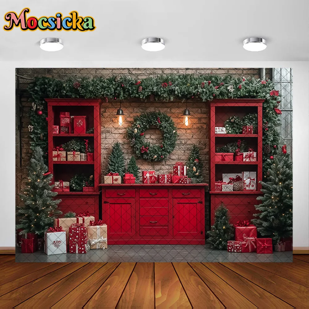 Mocsicka Photography Background Red Christmas Room Xmas Tree Wreath Decoration Backdrop Family Kids Holiday Party Prom Studio