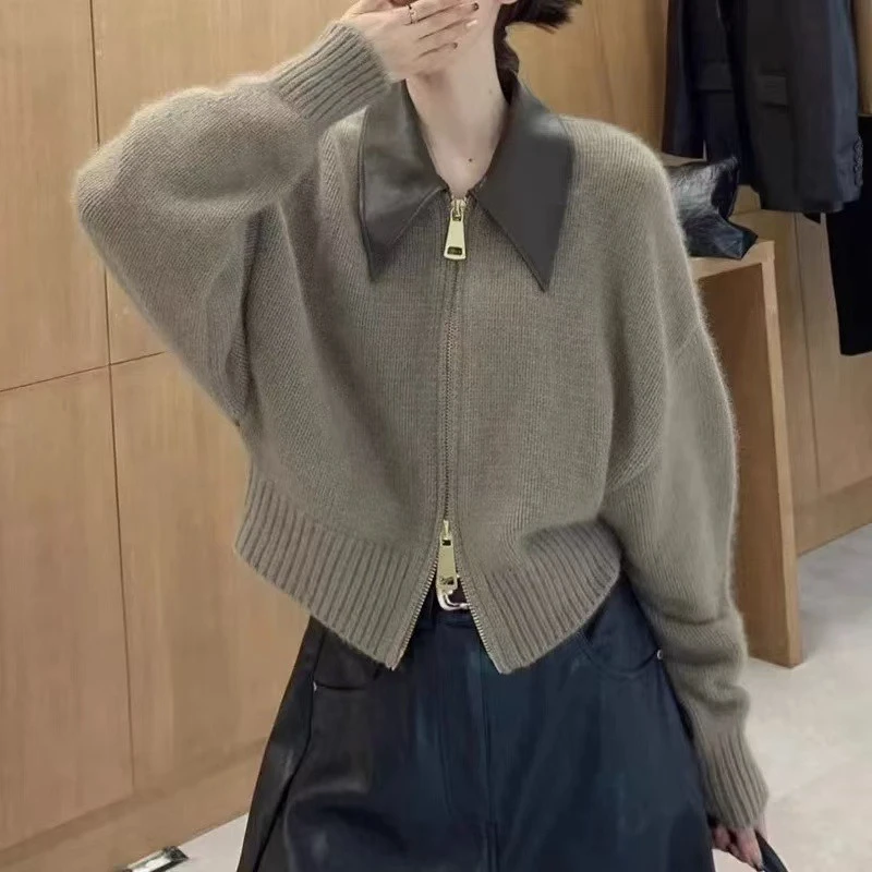 

Polo Collar Double Zipper Knit Cardigan Women's Autumn and Winter Lazy Wind Splicing Leather Collar Short Sweater Coat