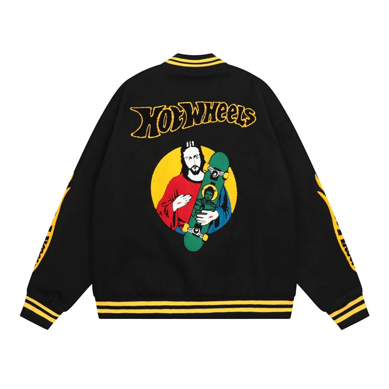 Letter Embroidery Woolen Baseball Uniform Jackets Mens Retro Skateboard Flocking Oversized Coat Couple Jacket Male