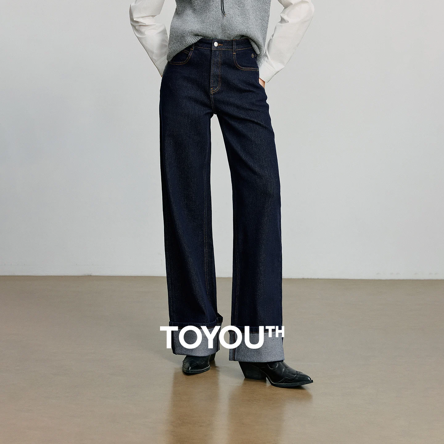 TOYOUTH Women Denim Jeans 2025 Autumn New Lycra Rolling Hem Straight Wide Leg Long Pants