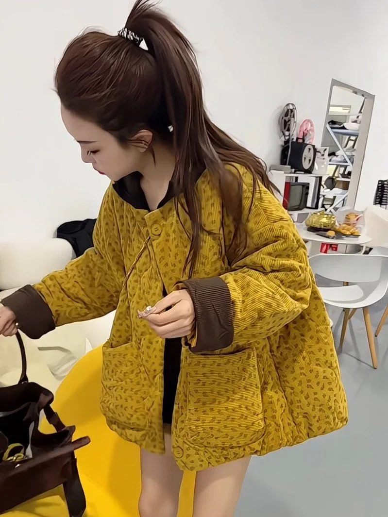 

Корейское свободное хлопковое пальто-жакет для женщин, новинка зимы, теплое, с принтом, вельветовое, стройнящее, универсальное, длинное