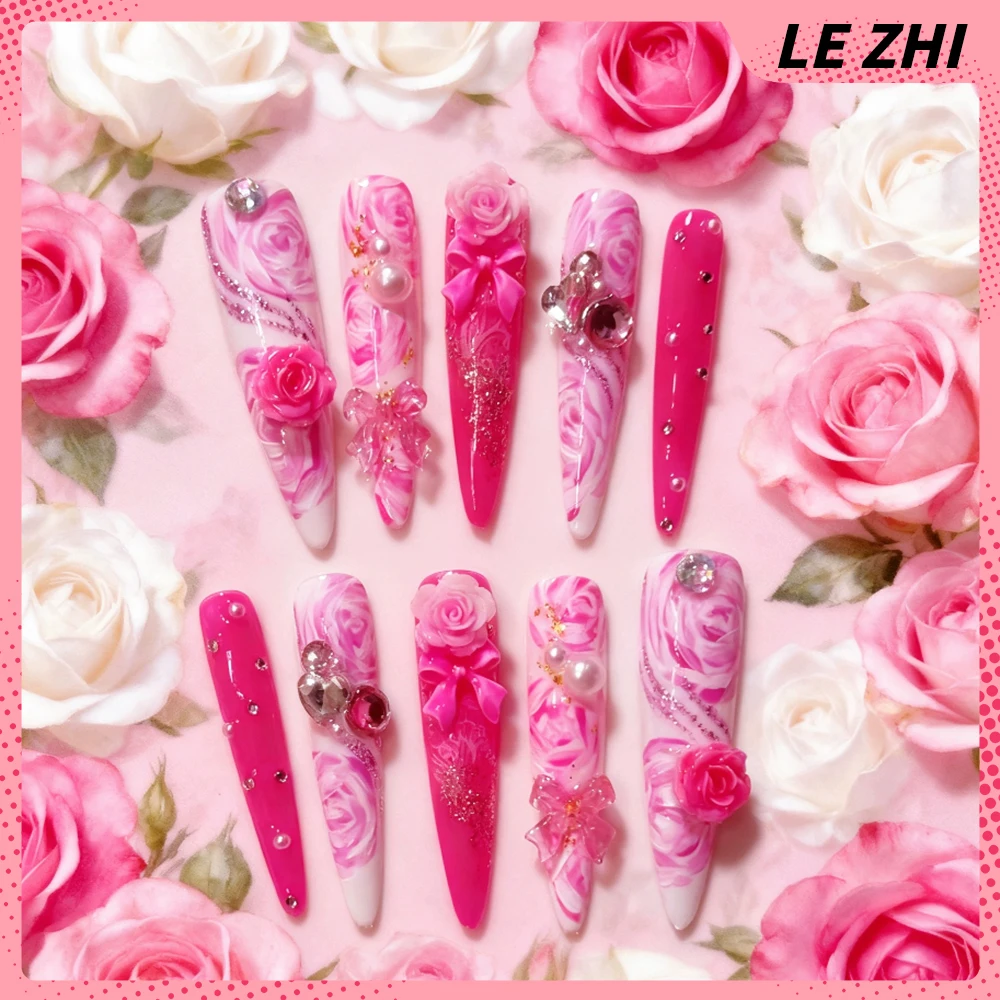 10Pcs Y2K Spice Girl Handmade Long Stiletto Wearable Press On Nail Cartoon Bear Bowknot Diamond Flower Pearl Ice Cream Fake Nail - view 6