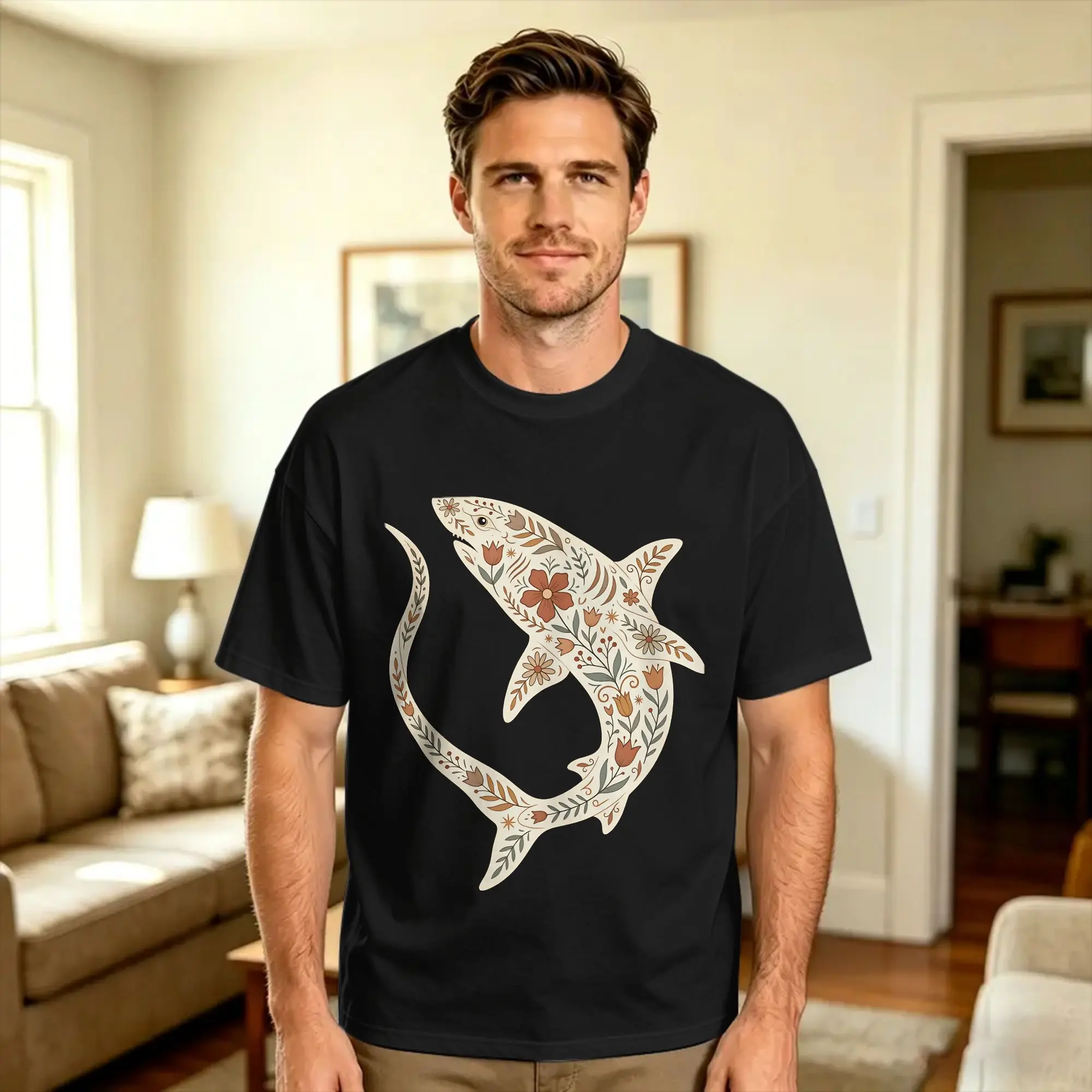 Thresher Shark Floral T Shirt Summer  Cotton T-Shirts For Men's Pattern Tshirt Short Sleeves Funny Clothing