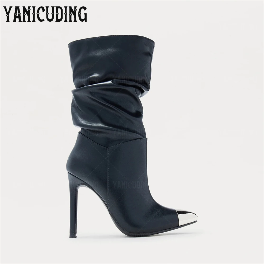 

Ruched Stiletto Booties Metallic Pointed Toe Mid Calf Boots for Women Black Wine Red PU Leather Handmade Ankle Boots for Women