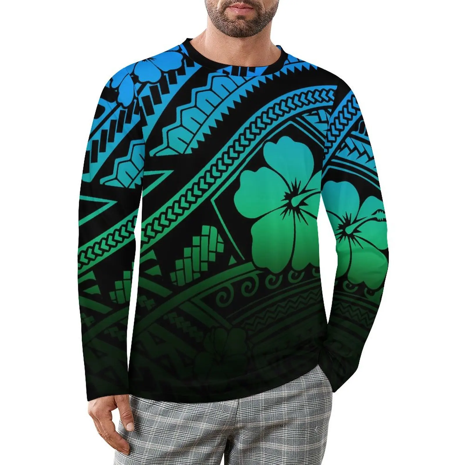 Custom Polynesian Print Floral Design Hawaiian Vacation Casual Men'S T-Shirt Summer Crew-Neck Men'S Pullover Long Sleeves