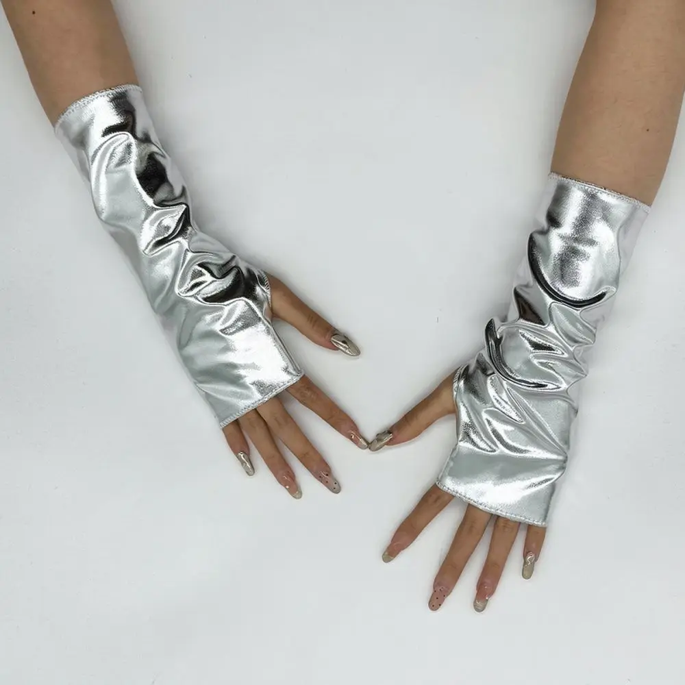 Women Shiny Patent Leather Half Finger Gloves Mid Length Sunscreen Mittens For Cycling Halloween Performance Party Accessory