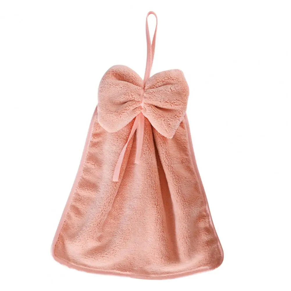 Bow Design Towel Coral Fleece Hand Towel with Bow Decoration Quick Dry Absorbent Hanging Towel for Bathroom Kitchen Reusable