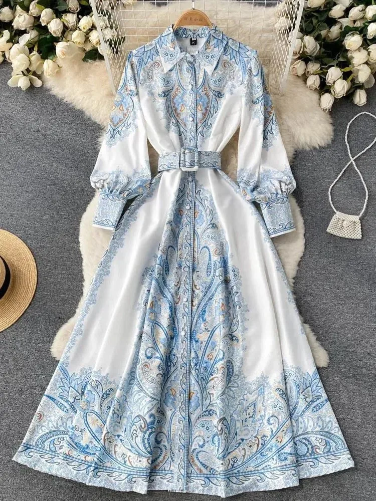 

New Vintage Women Dresses Long Sleeve Printed Floral High Waist Boho Party Maxi Vestidos Elegant Luxury Long Dresses 2025 Autumn