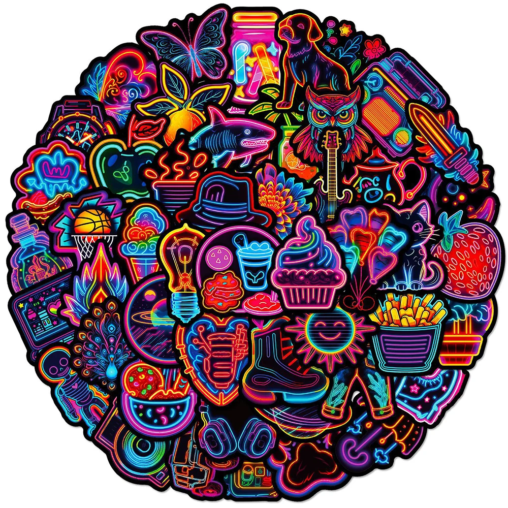 10/30/50pcs Mix Neon Light Cartoon Stickers Aesthetic Waterproof Graffiti Laptop Notebook Suitcase Cool Decals Toys