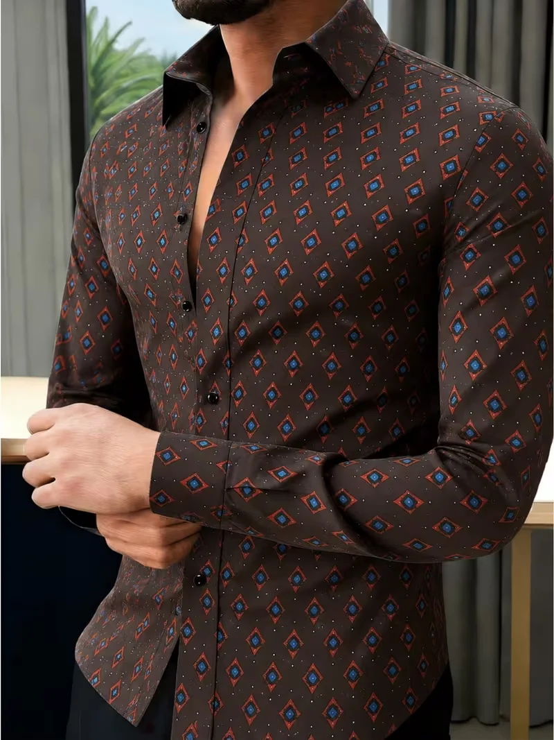 New white brown patchwork western geometric diamond patterned long sleeved shirt, retro men's casual workwear shirt