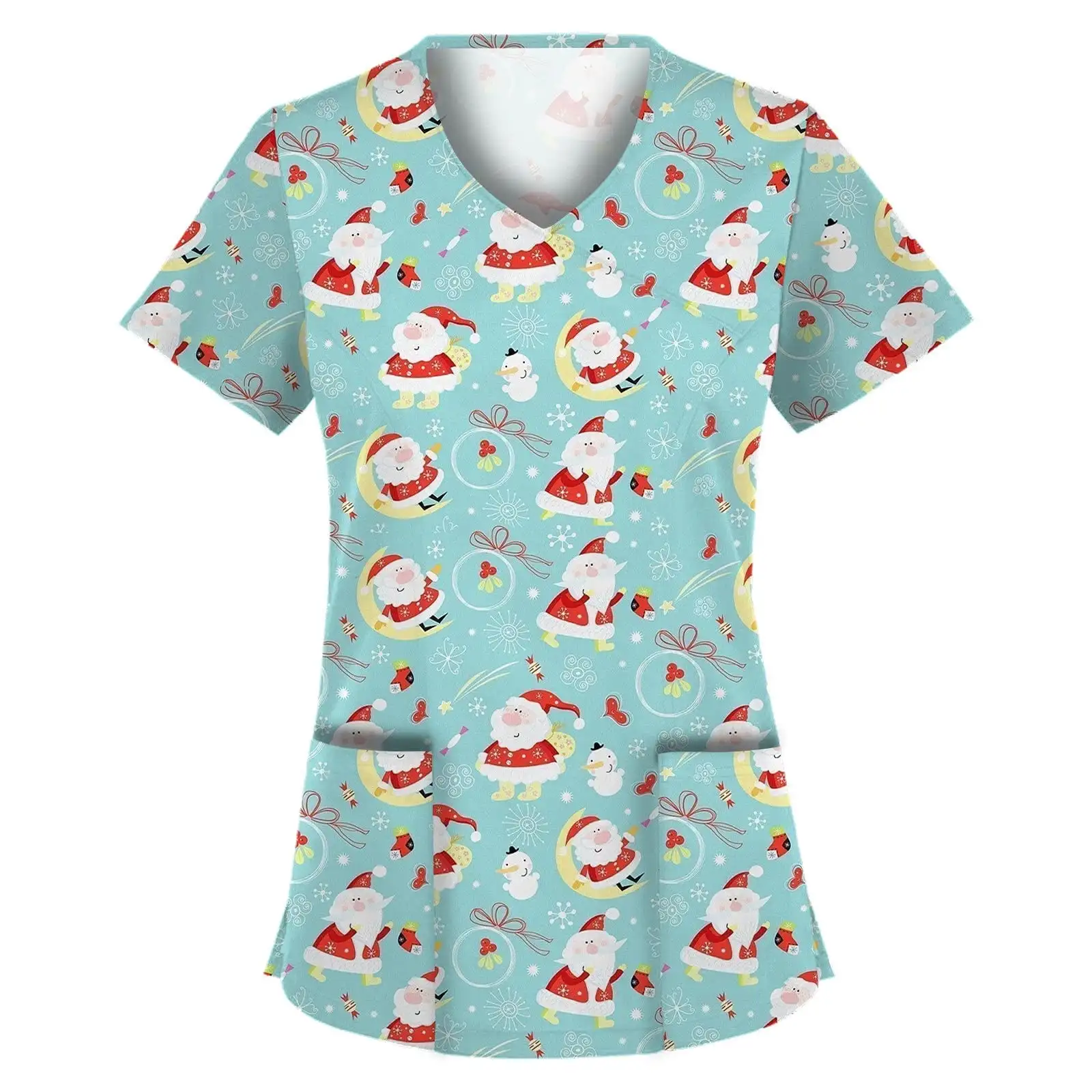 Christmas Snowman Hat Scarf Print Polyester V Neck Shirt Women Men Work Clothes Medical Uniform Doctor Nurse Scrub Tops