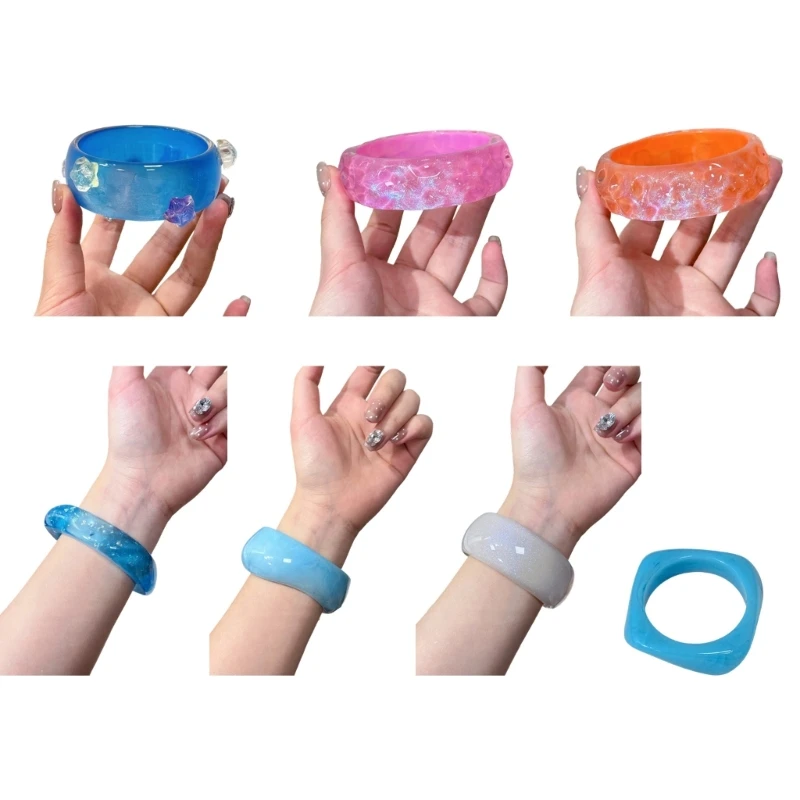 U4LF Glossy Statement Bangle Bracelet with Broad Integrated Form, Mixed-Material Build, and Clasp-Free Slip-On Design