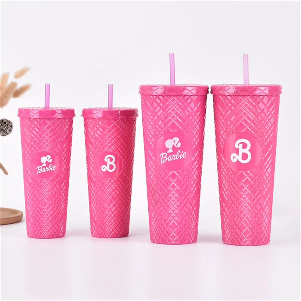 Kawaii Barbie Pink Girls Diamond Cup Set Cute Checkered Straw Direct Drinking Cup Single Layer Women Durian Cup Birthday Gifts